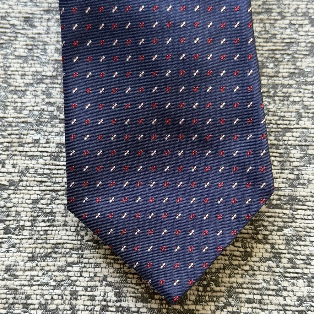 Vintage Tiffany & Co Silk Jacquard Tie Italy Navy Red White Geometric Foulard